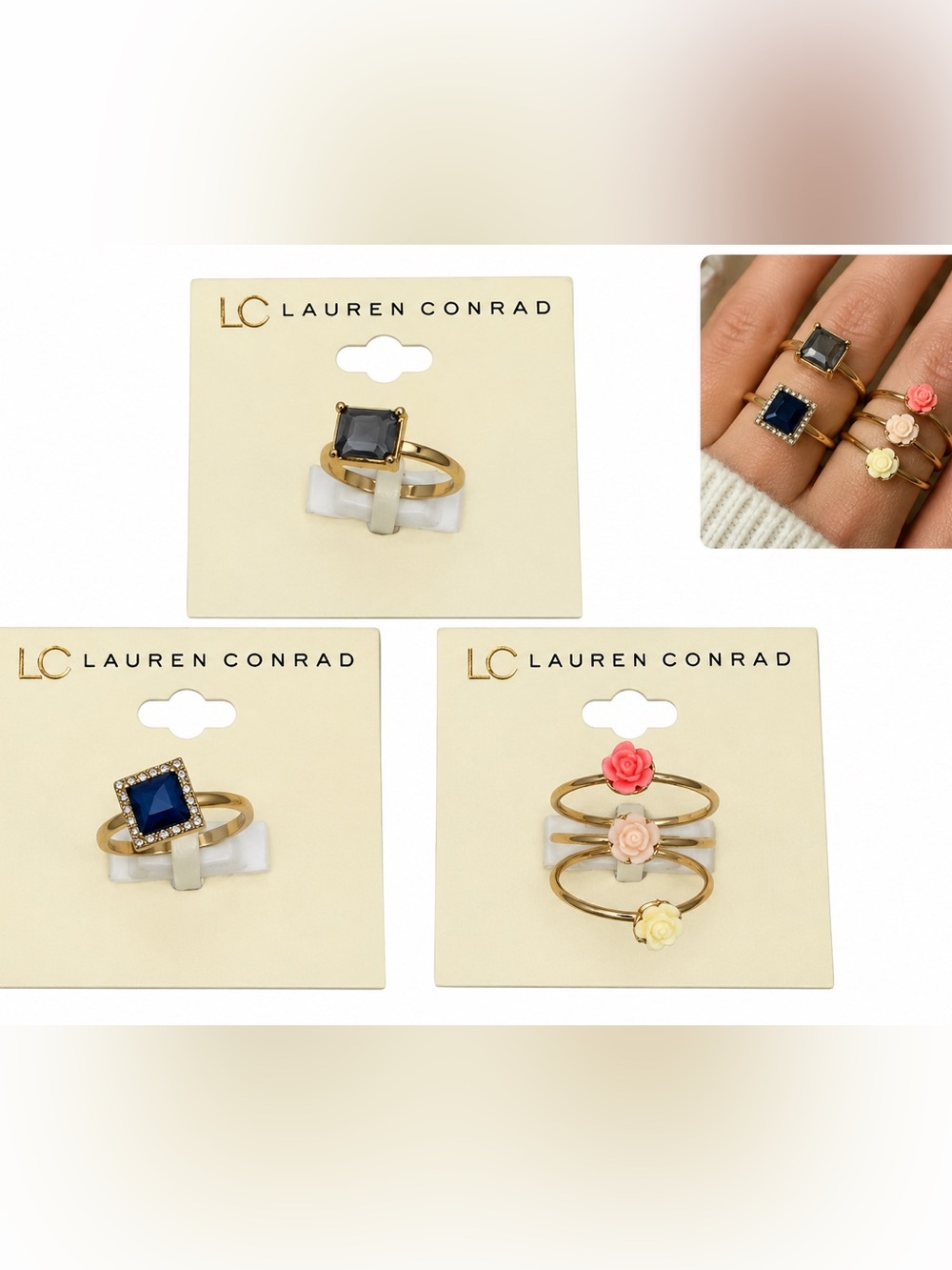 Lauren Conrad LC blue pink 5 ring bundle size 8 cute floral flower CZ new gift